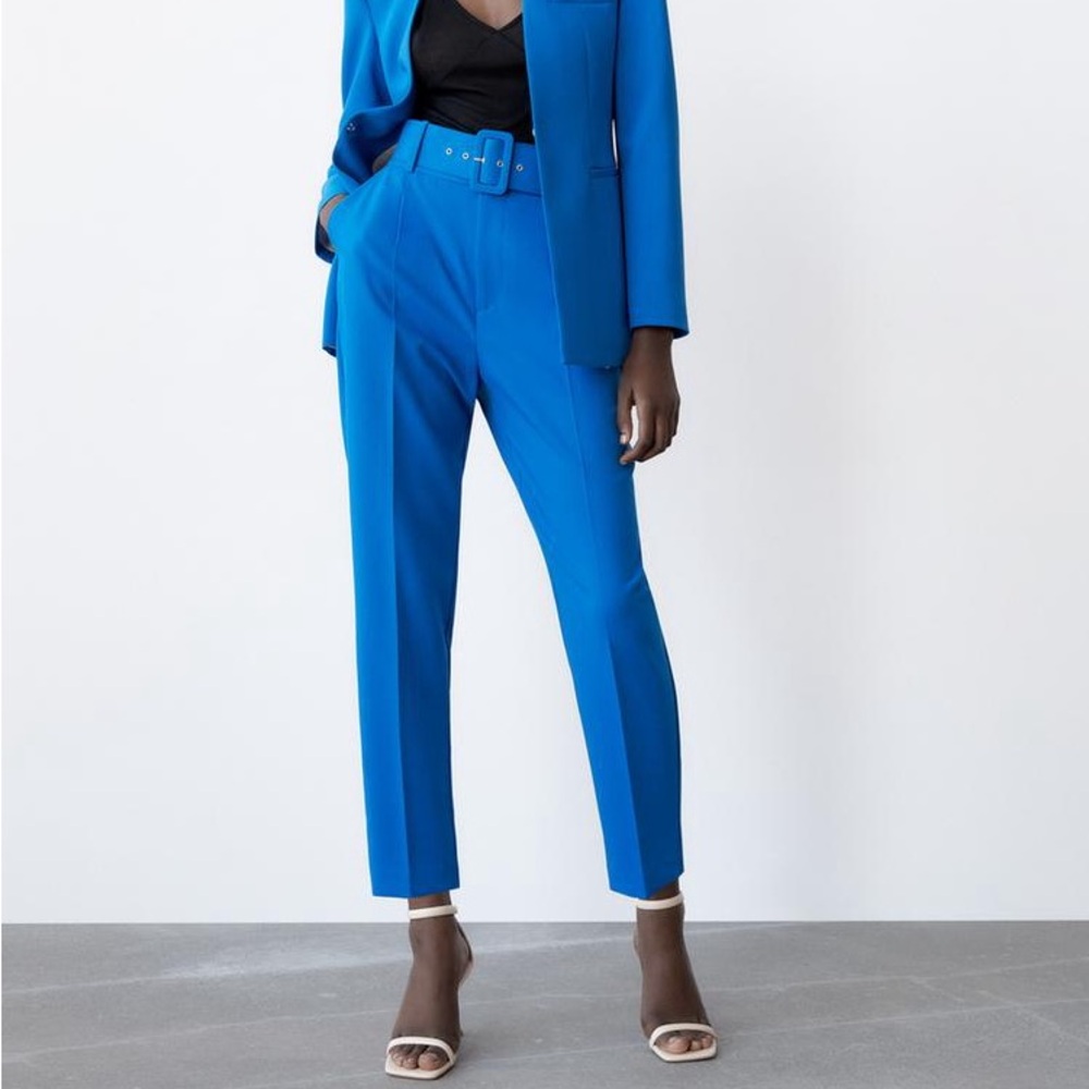 Zara Bright Blue High-Waist Belted Trousers